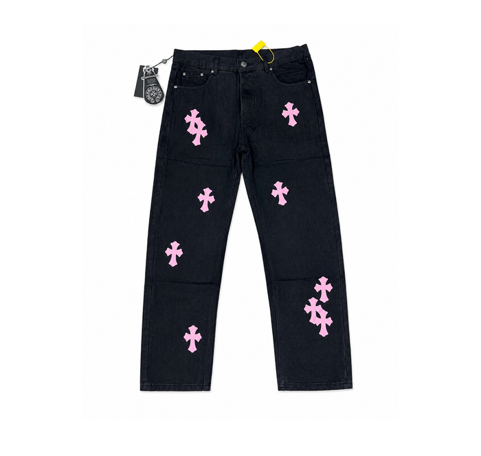 Chrome Hearts Straight Leg Jeans “Black Wash Pink Cross Patch”