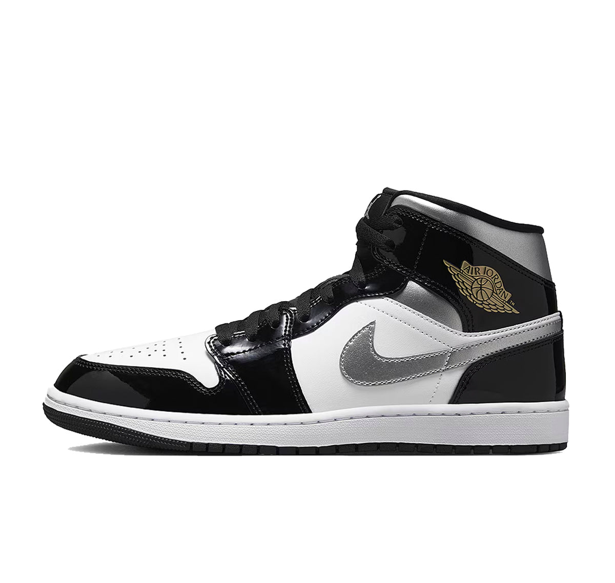 Jordan 1 Mid SE Patent Black White Metallic Silver Metallic Gold