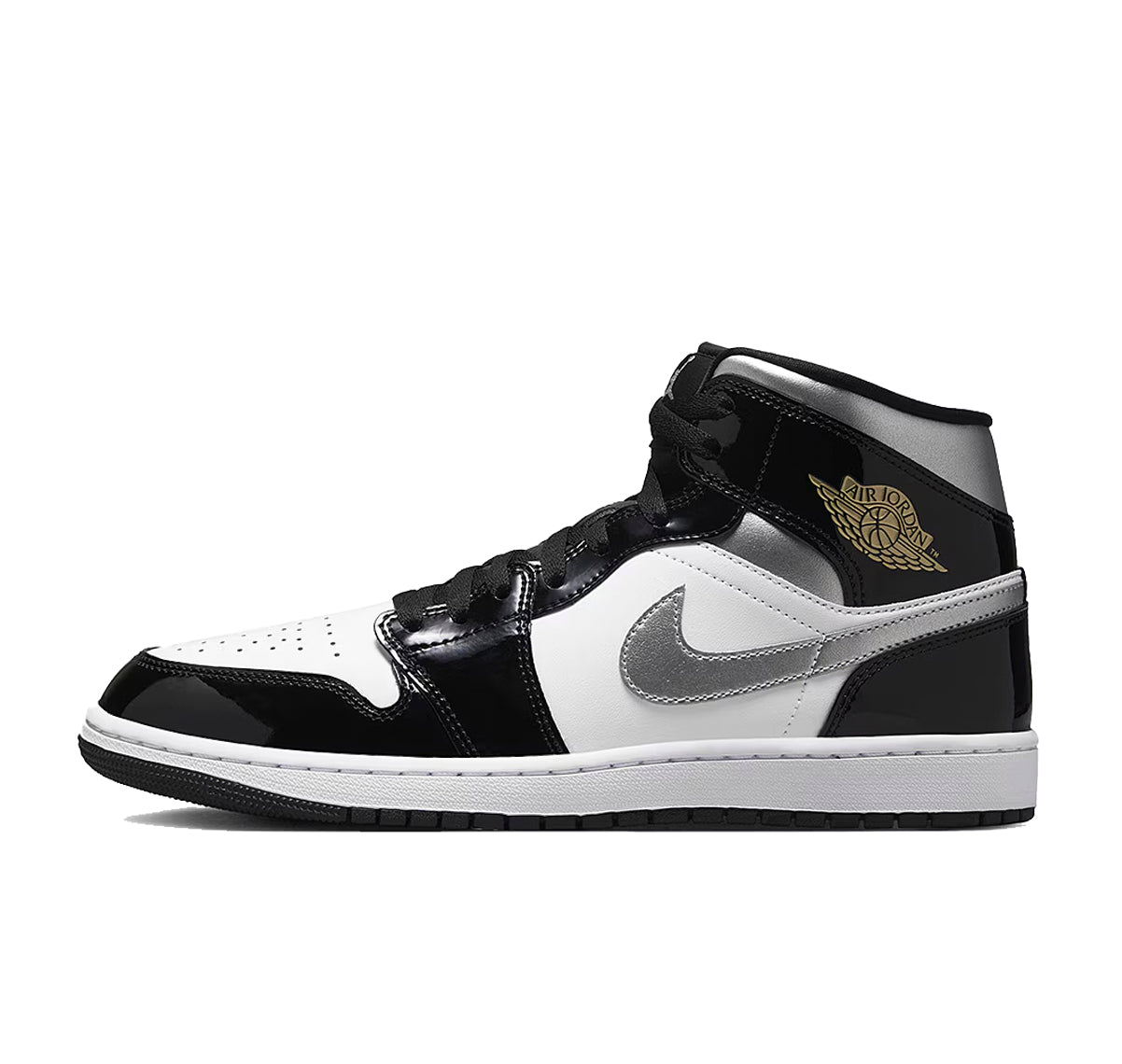 Jordan 1 Mid SE Patent Black White Metallic Silver Metallic Gold