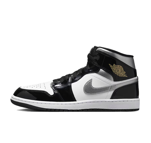 Jordan 1 Mid SE Patent Black White Metallic Silver Metallic Gold