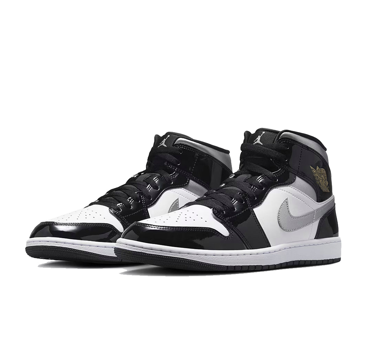 Jordan 1 Mid SE Patent Black White Metallic Silver Metallic Gold
