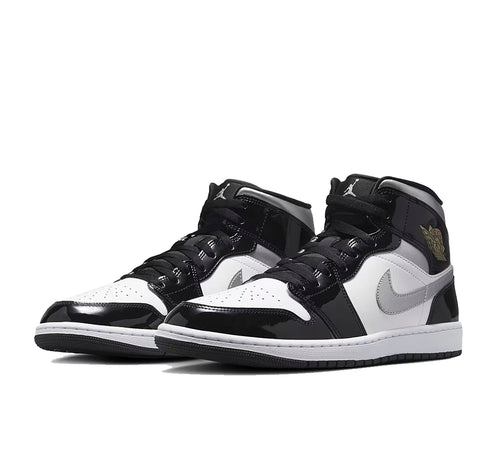 Jordan 1 Mid SE Patent Black White Metallic Silver Metallic Gold