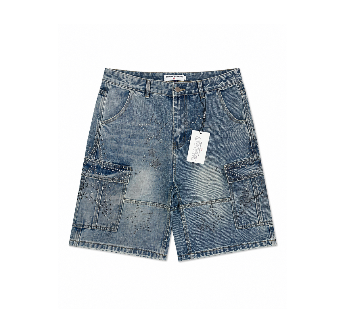 Purple Brand Denim Cargo Shorts “Light Wash Rhinestone Crosses”