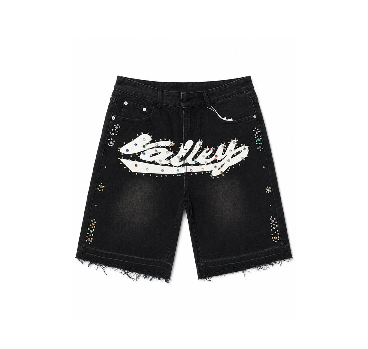 Valley Denim Shorts “Black Wash Rhinestone Logo”