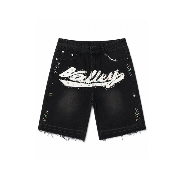 Valley Denim Shorts “Black Wash Rhinestone Logo” - sneakers y ropa en Colombia