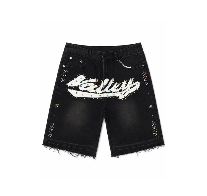 Valley Denim Shorts “Black Wash Rhinestone Logo”