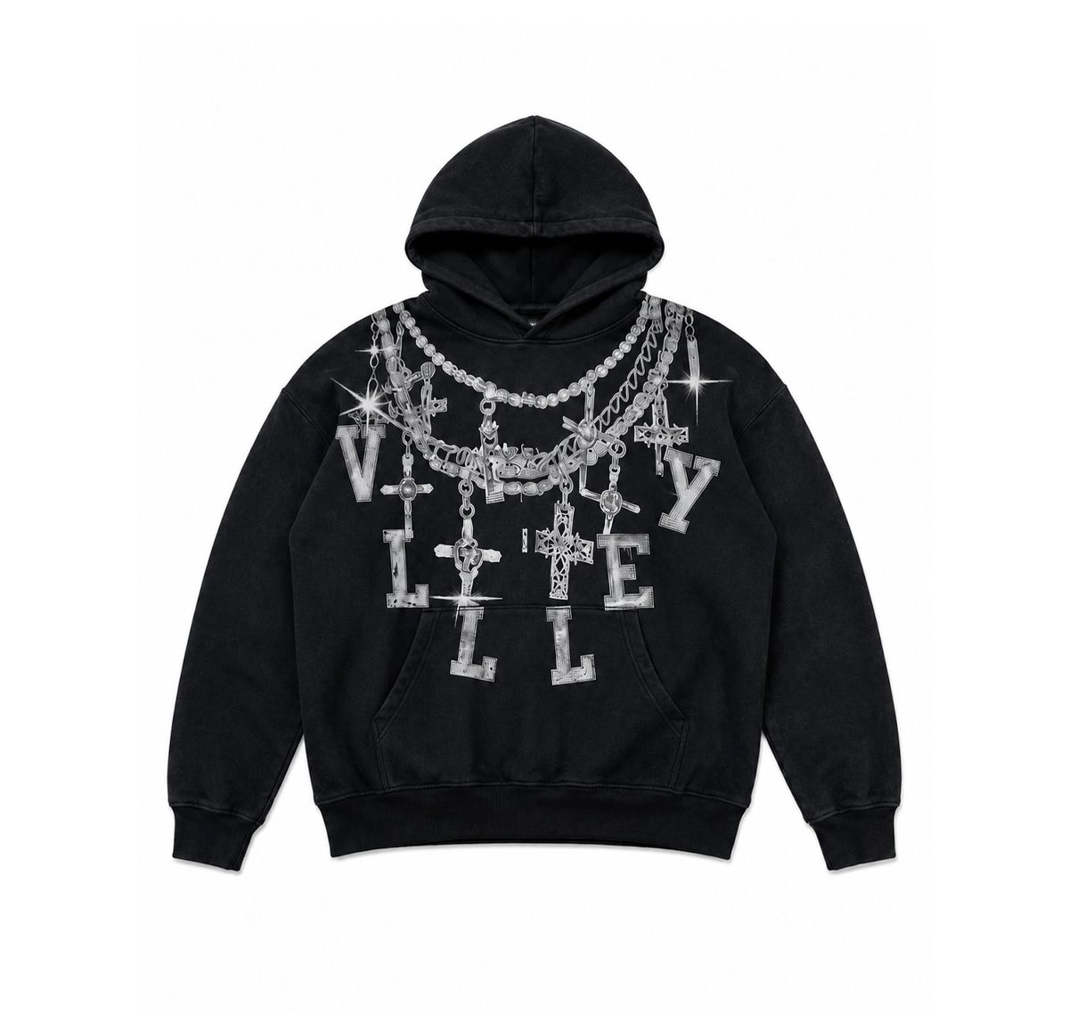 Valley Pullover Hoodie “Black Wash Silver Chain Graphic”