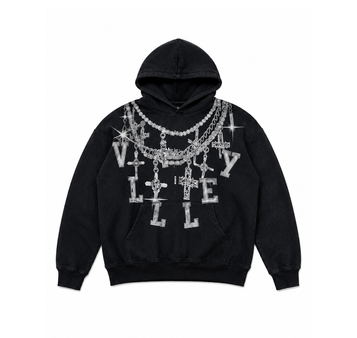 Valley Pullover Hoodie “Black Wash Silver Chain Graphic”